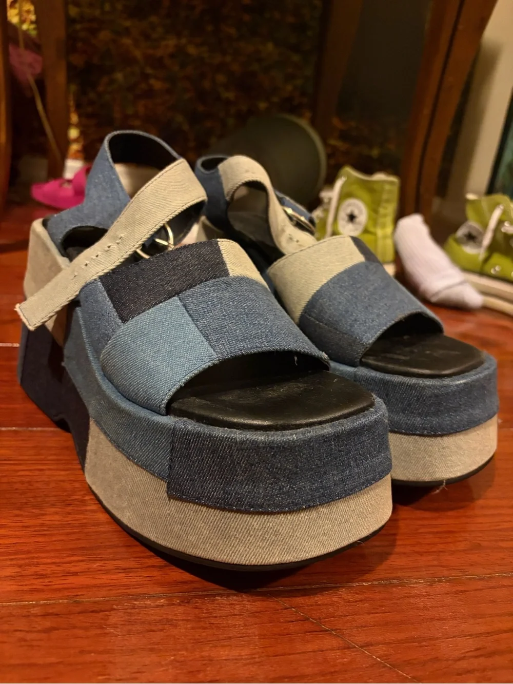 Current Mood Patchwork Denim Platform Sandal - Blue & Light Blue